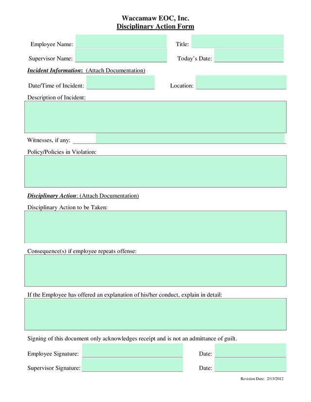 Waccamaw EOC, Inc. Disciplinary Action Form screenshot