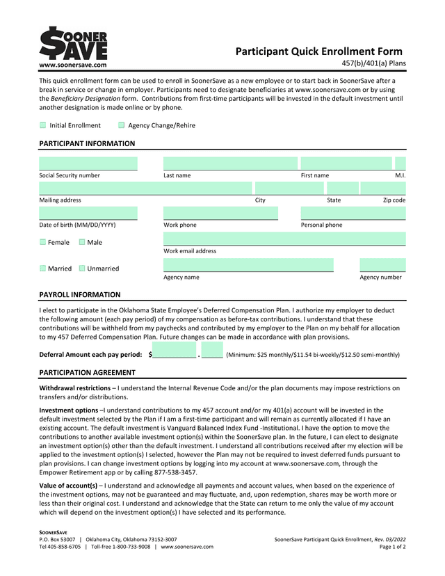 SoonerSave Participant Quick Enrollment Form screenshot