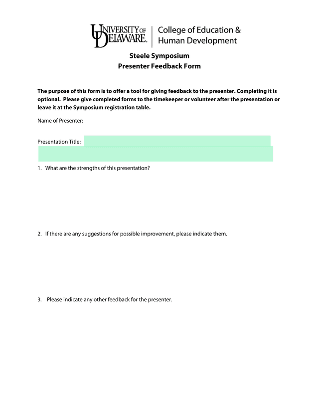 Steele Symposium Presenter Feedback Form screenshot