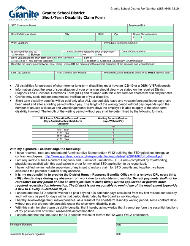 Granite School District Short Term Disability Claim Form screenshot