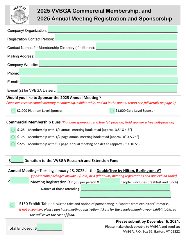2025 VVBGA Commercial Membership, And 2025 Annual Meeting Registration And Sponsorship screenshot