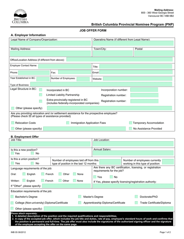 British Columbia Provincial Nominee Program (PNP) Job Offer Form screenshot