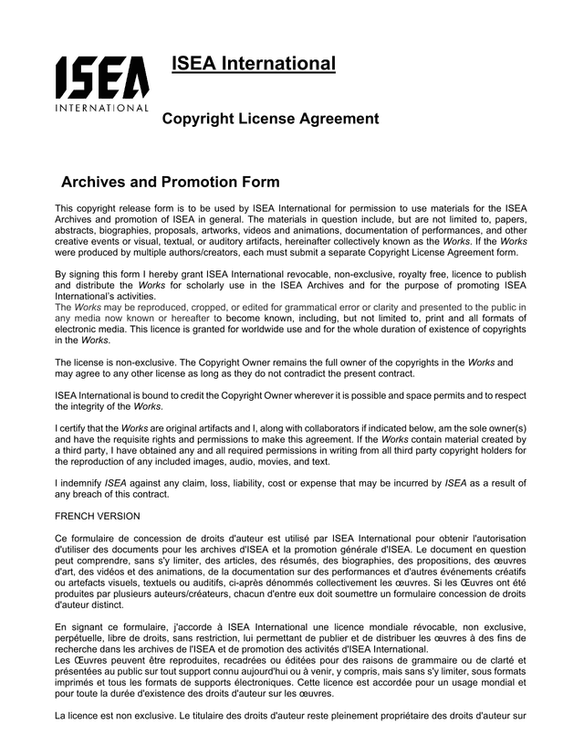 ISEA International Copyright License Agreement screenshot