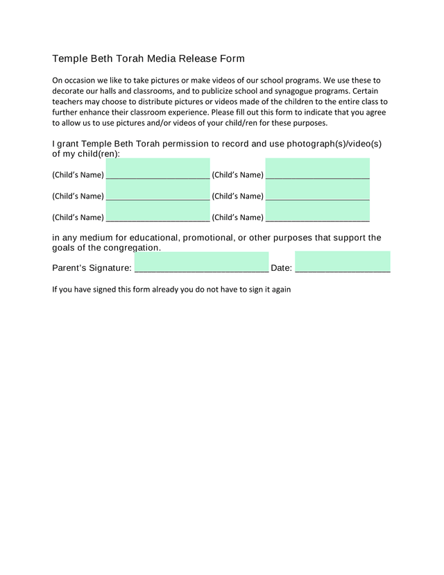 Temple Beth Torah Media Release Form screenshot