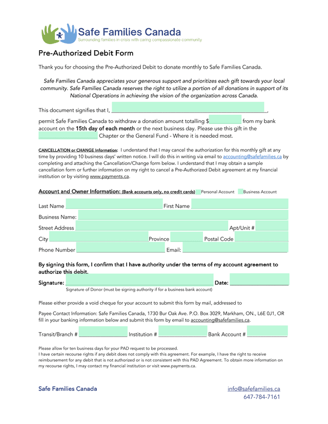 Pre Authorized Debit Form screenshot