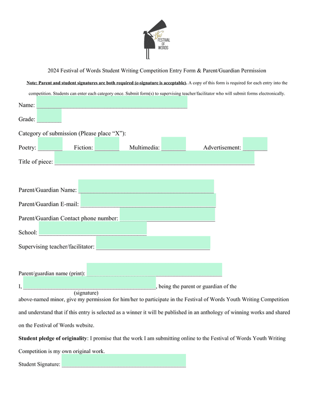 2024 Festival Of Words Student Writing Competition Entry Form  ParentGuardian Permission screenshot