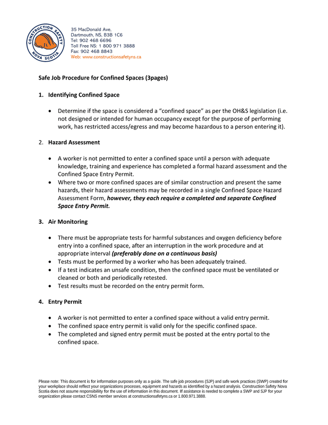 Safe Job Procedure For Confined Spaces screenshot