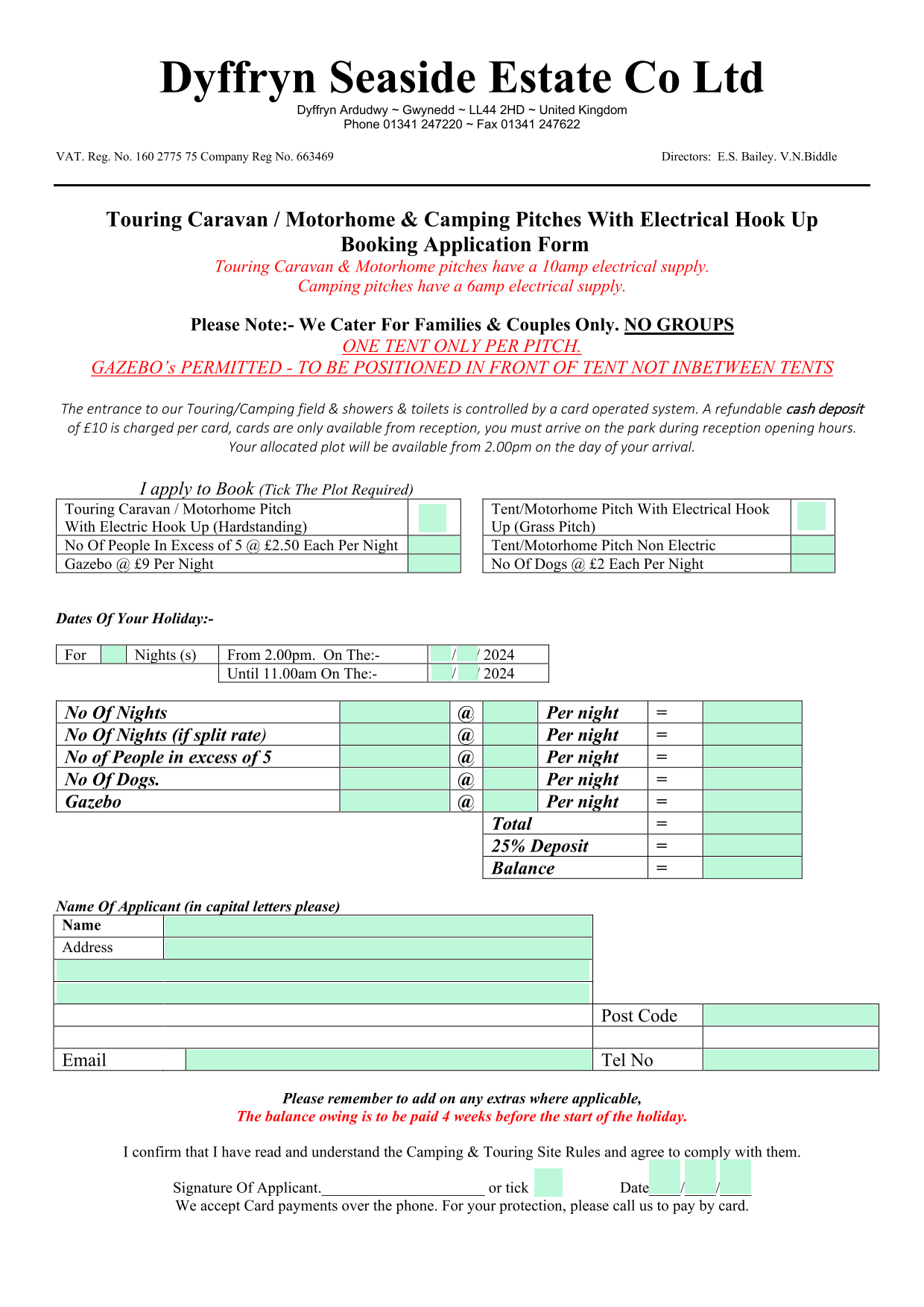 Touring Caravan  Motorhome  Camping Pitches With Electrical Hook Up Booking Application Form screenshot
