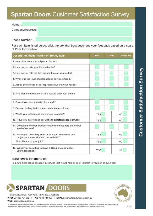 Spartan Doors Customer Satisfaction Survey screenshot