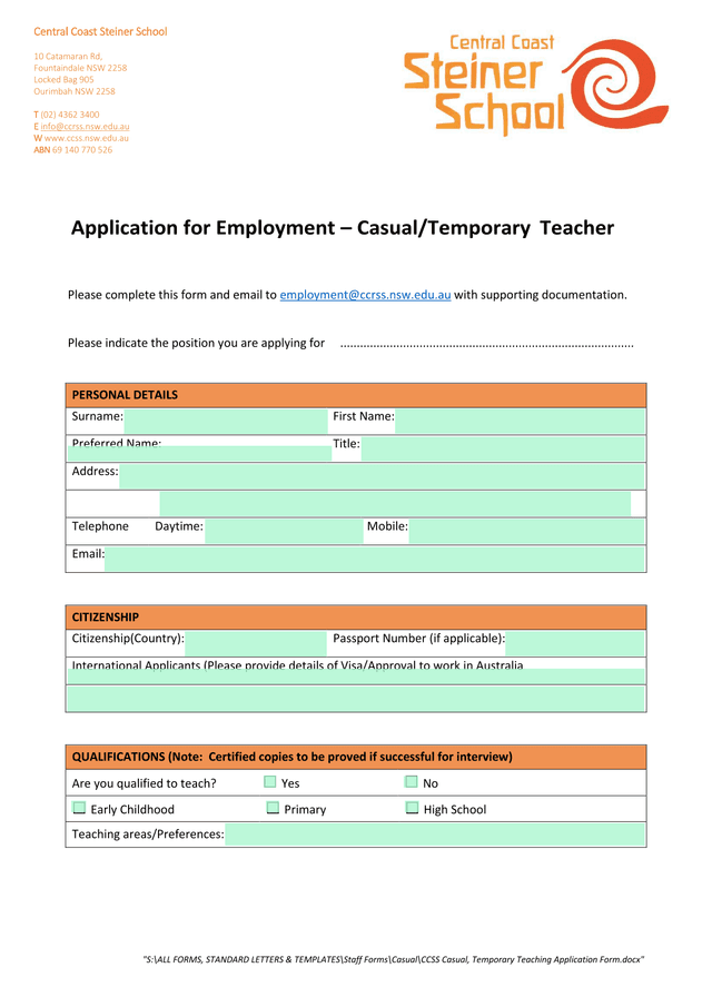 Casual, Temporary Teaching Application Form screenshot