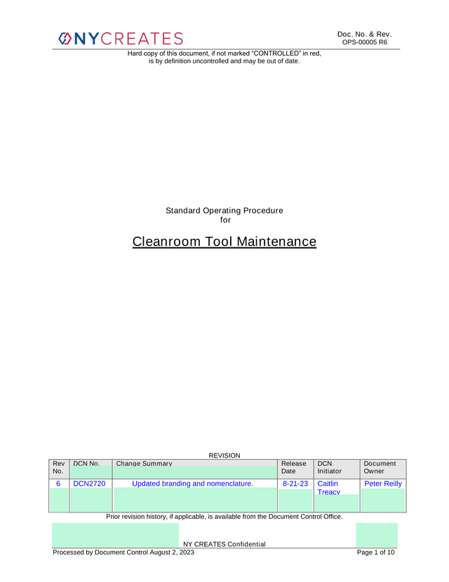 Standard Operating Procedure For Cleanroom Tool Maintenance screenshot