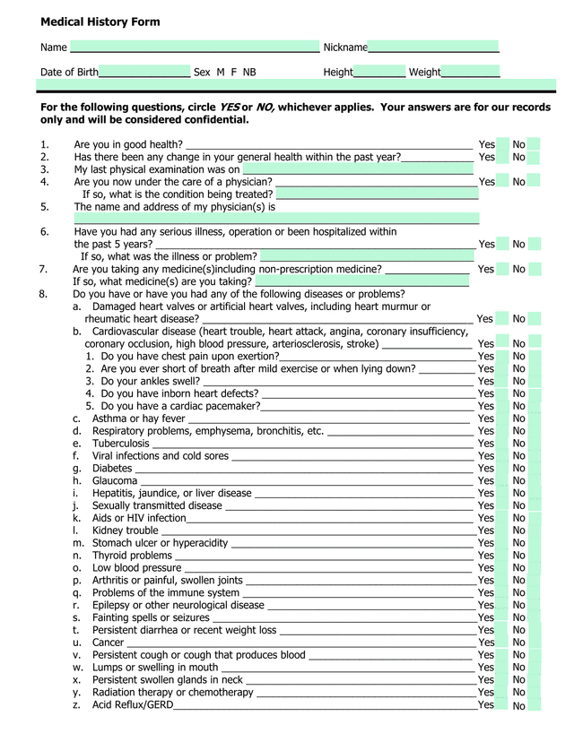 Medical History Form screenshot