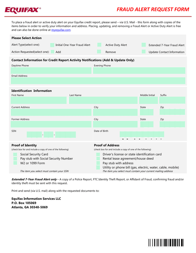 Fraud Alert Request Form screenshot