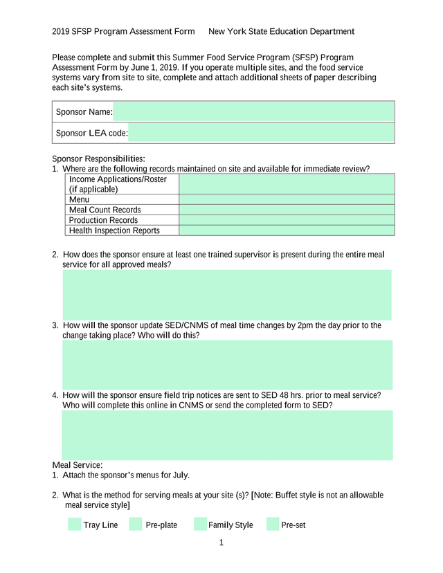 2019 SFSP Program Assessment Form screenshot