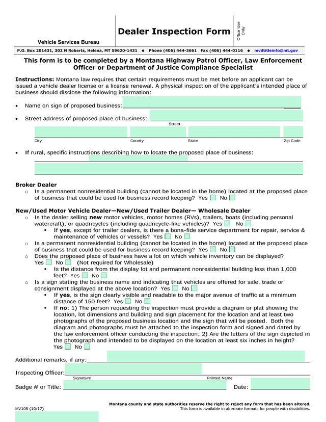 Dealer Inspection Form screenshot