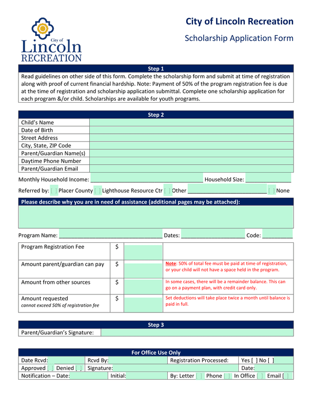 City Of Lincoln Recreation Scholarship Application Form screenshot