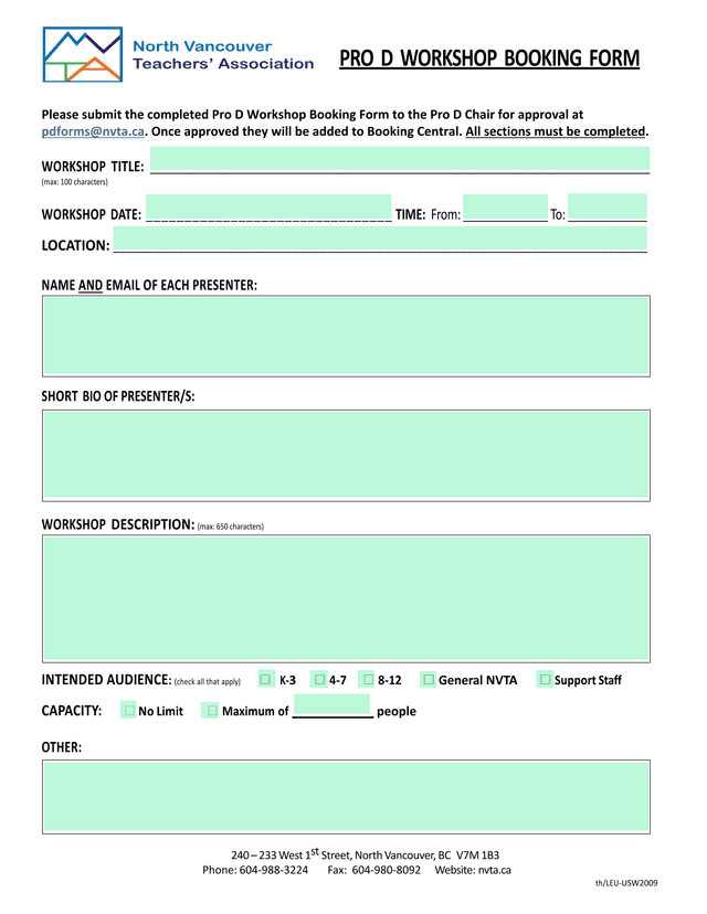 PRO D WORKSHOP BOOKING FORM screenshot