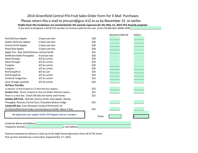 FFA Fruit And Gift Order Form screenshot