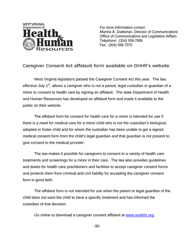 Caregiver Consent Act Affidavit screenshot
