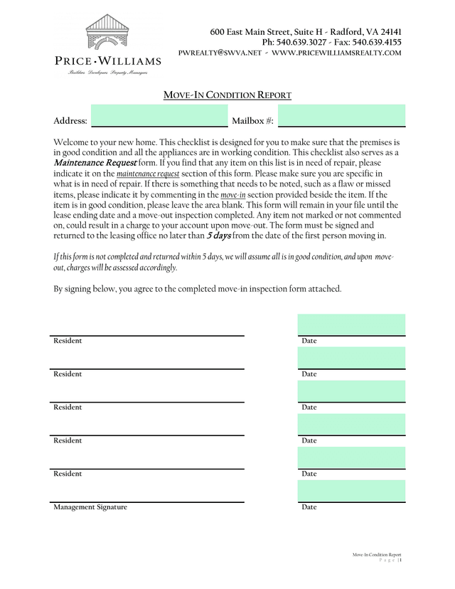 Move In Condition Report screenshot