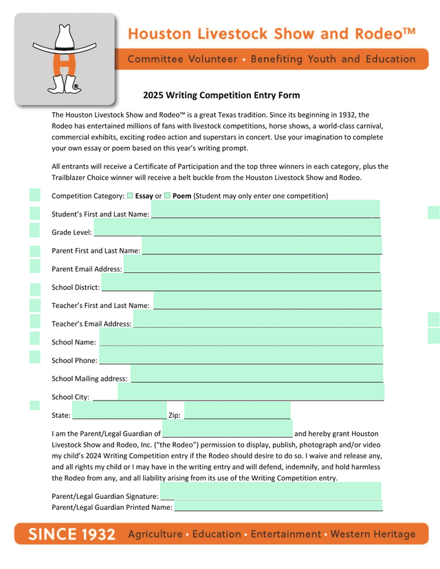 2025 Writing Competition Entry Form screenshot