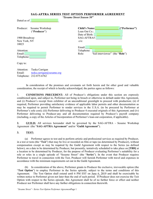 SAG AFTRA Series Test Option Performer Agreement screenshot