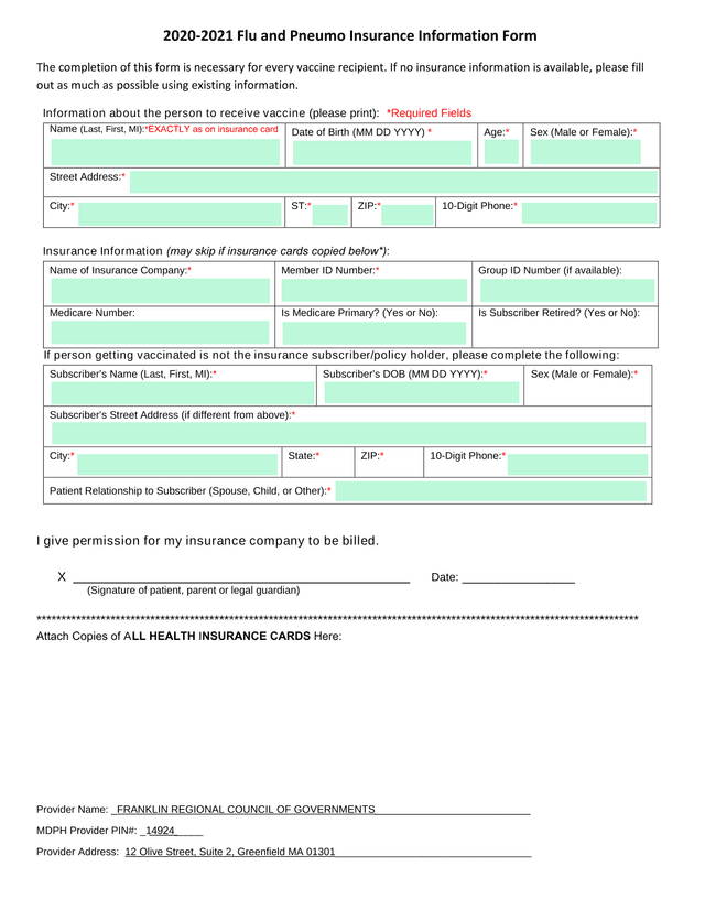 2020 2021 Flu And Pneumo Insurance Information Form screenshot