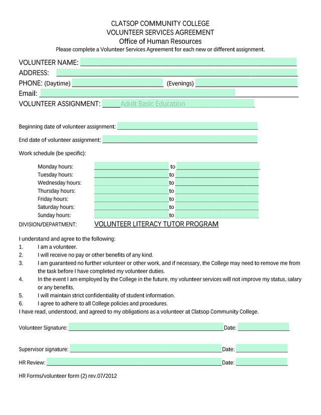 Volunteer Services Agreement screenshot