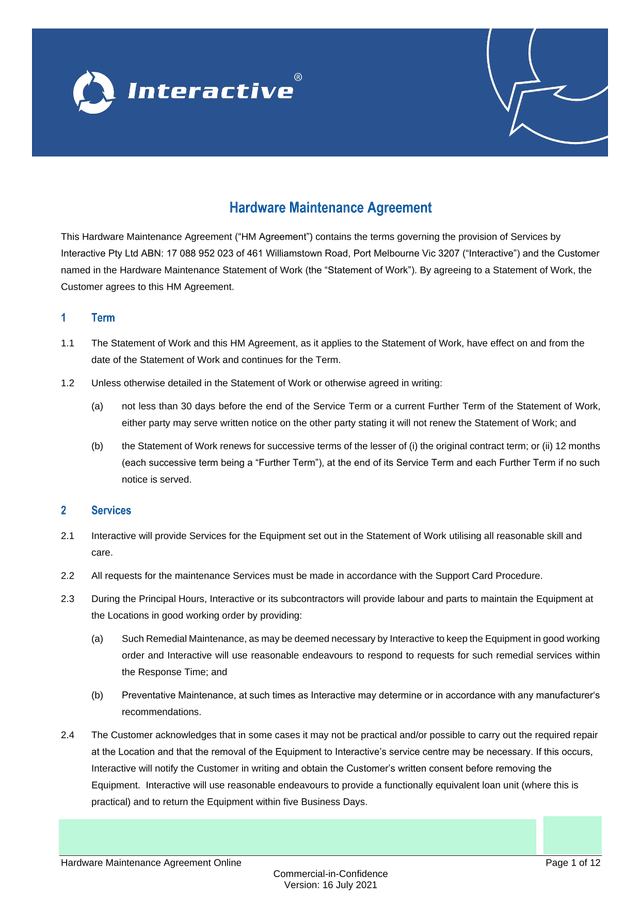 Hardware Maintenance Agreement screenshot