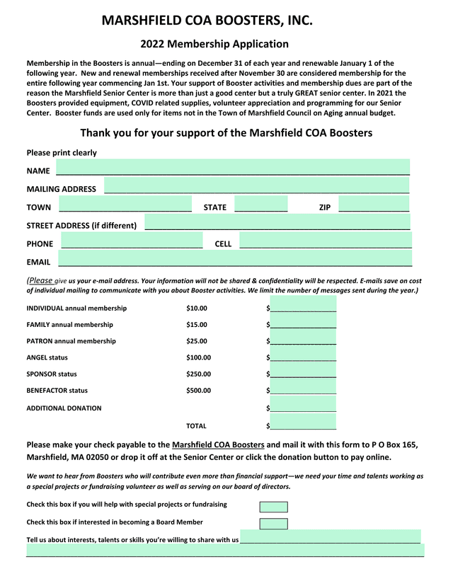 Marshfield COA Boosters, Inc. 2022 Membership Application screenshot