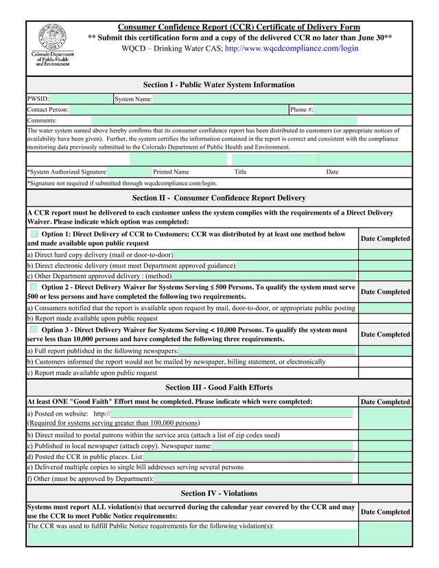 Consumer Confidence Report (CCR) Certificate Of Delivery Form screenshot