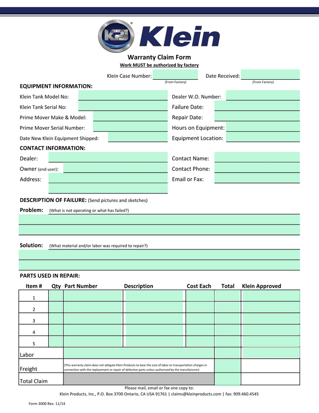 Warranty Claim Form screenshot