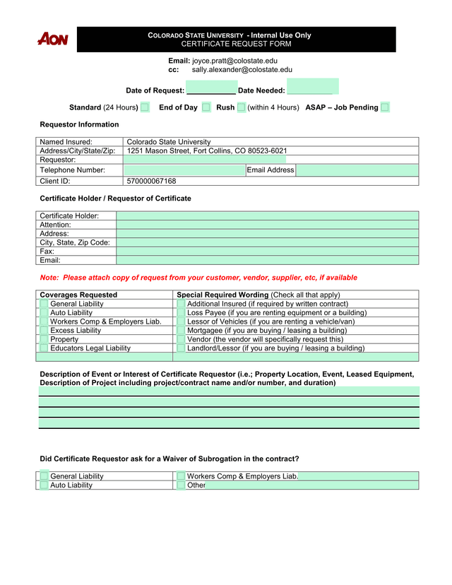 CERTIFICATE REQUEST FORM screenshot