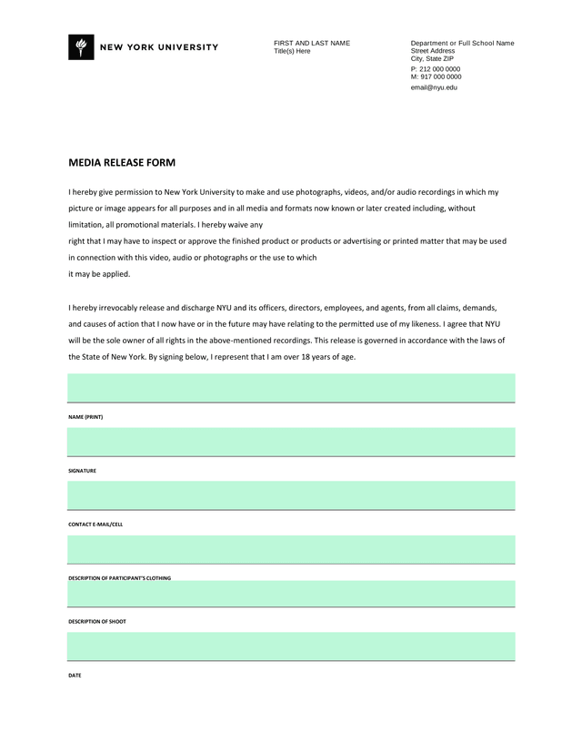 MEDIA RELEASE FORM screenshot