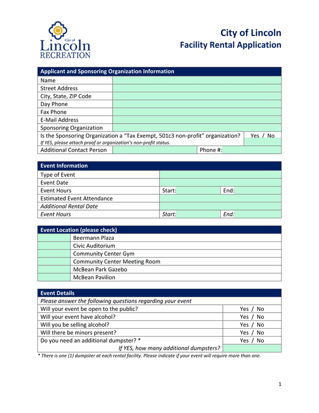 City Of Lincoln Facility Rental Application screenshot