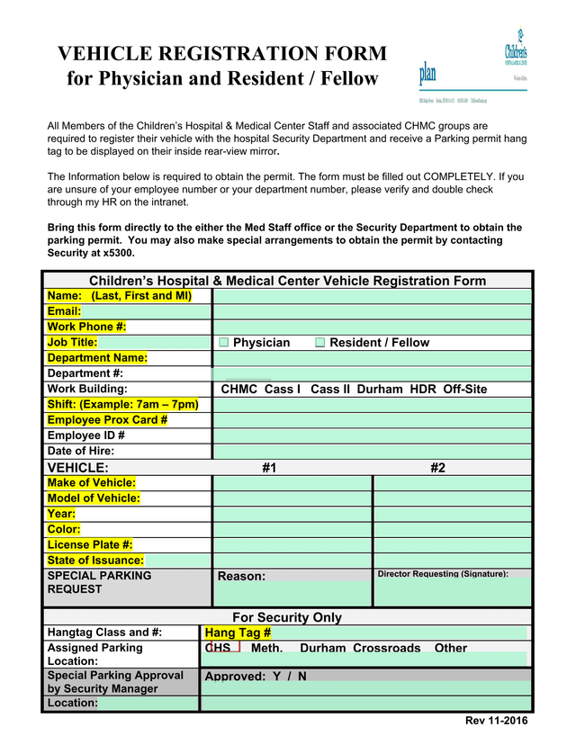 Vehicle Registration Form For Physician And Resident  Fellow screenshot