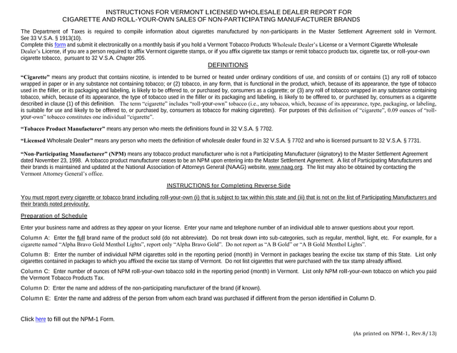NPM 1 Vermont Licensed Wholesale Dealer Report For Cigarette And Roll Your Own Sales Of Non Particip screenshot