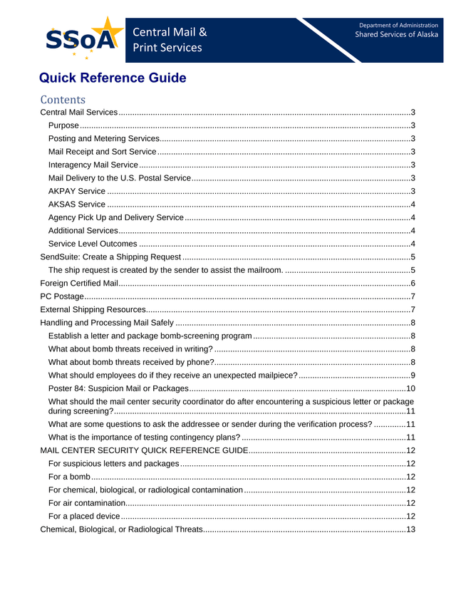 Central Mail  Print Services Quick Reference Guide screenshot