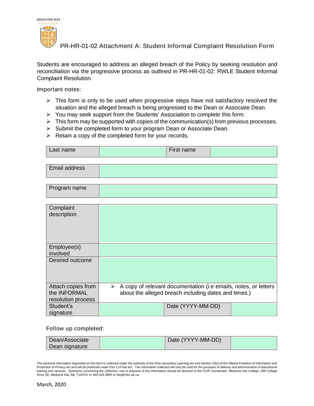 PR HR 01 02 Attachment A Student Informal Complaint Resolution Form screenshot
