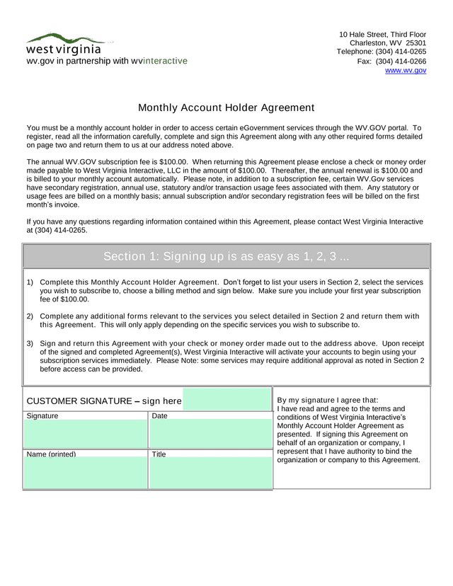 Monthly Account Holder Agreement screenshot