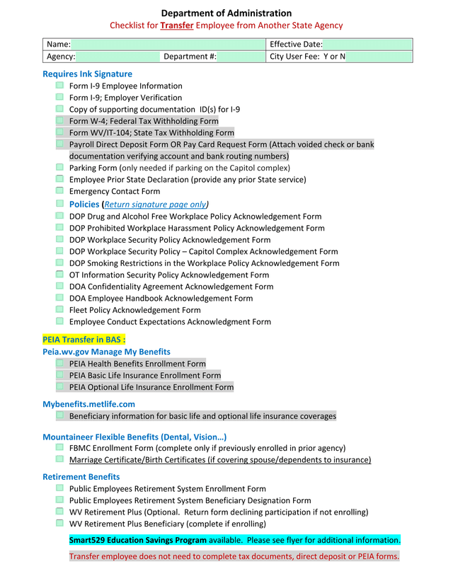 Checklist For Transfer Employee From Another State Agency screenshot
