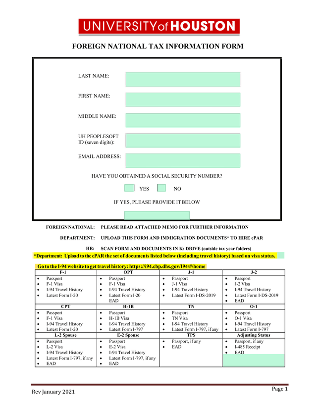Foreign National Tax Information Form screenshot