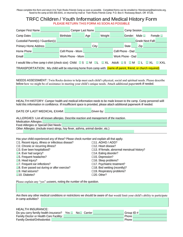 TRFC Children  Youth Information And Medical History Form screenshot