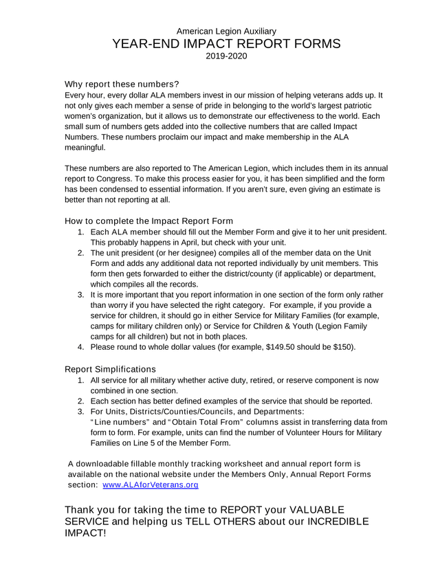 American Legion Auxiliary Year End Impact Report Forms screenshot