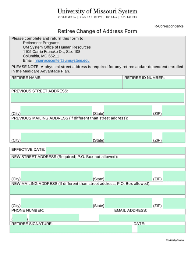 Retiree Change Of Address Form screenshot