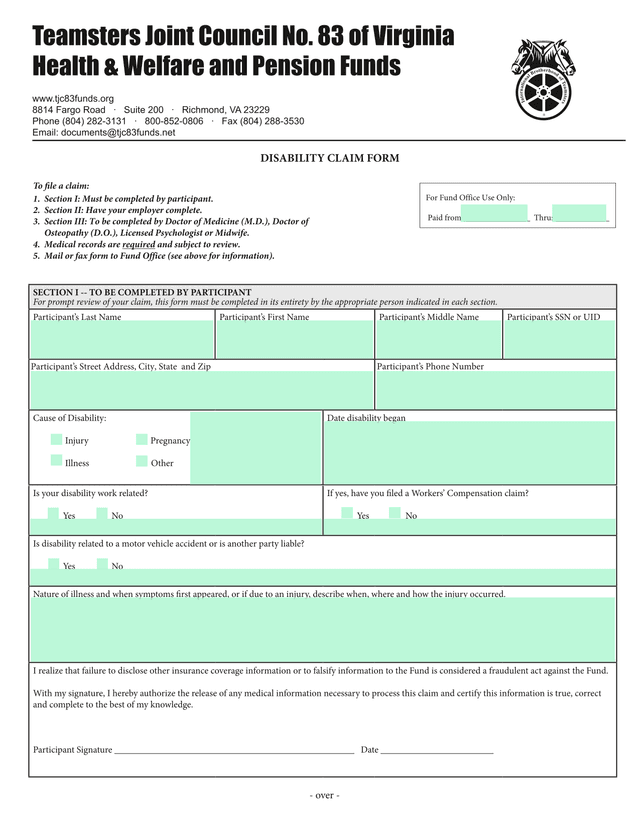 Disability Claim Form screenshot