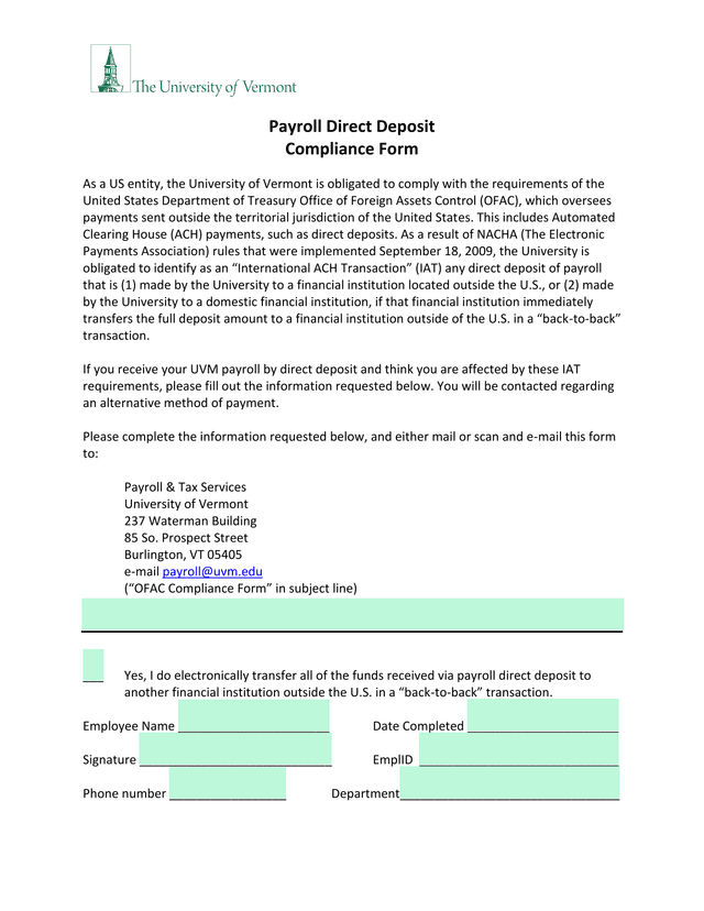Payroll Direct Deposit Compliance Form screenshot