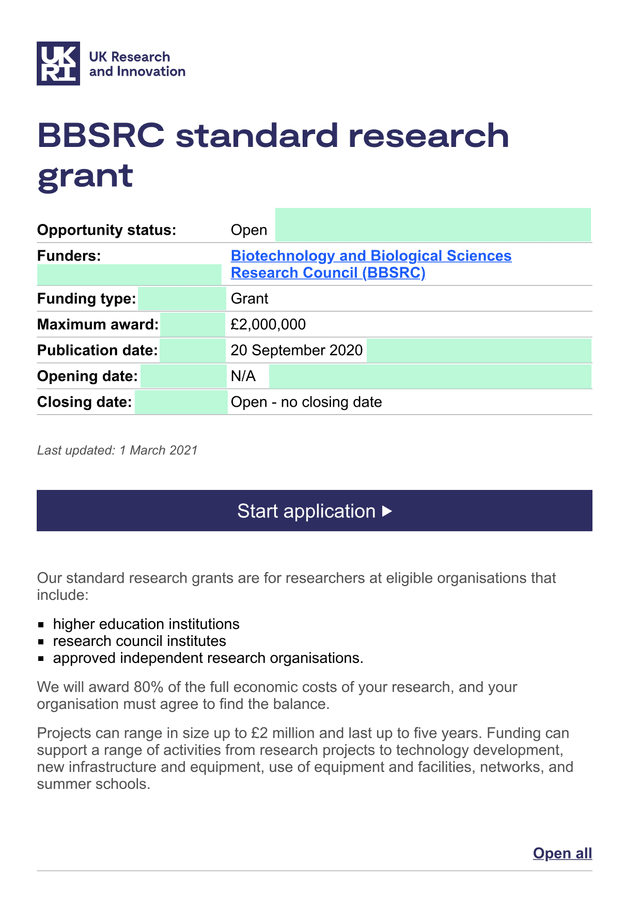 BBSRC Standard Research Grant screenshot
