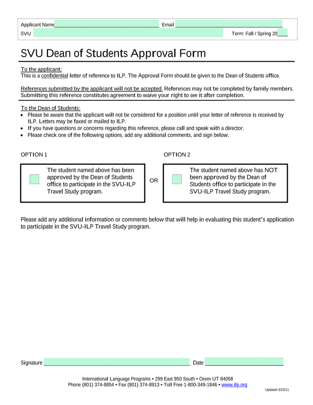 SVU Dean Of Students Approval Form screenshot