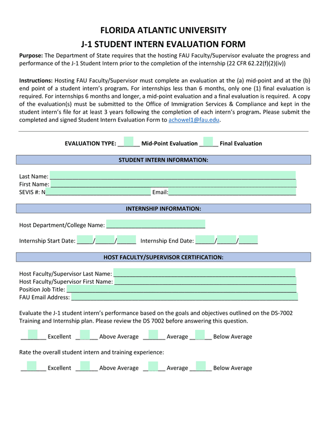 J 1 Student Intern Evaluation Form screenshot